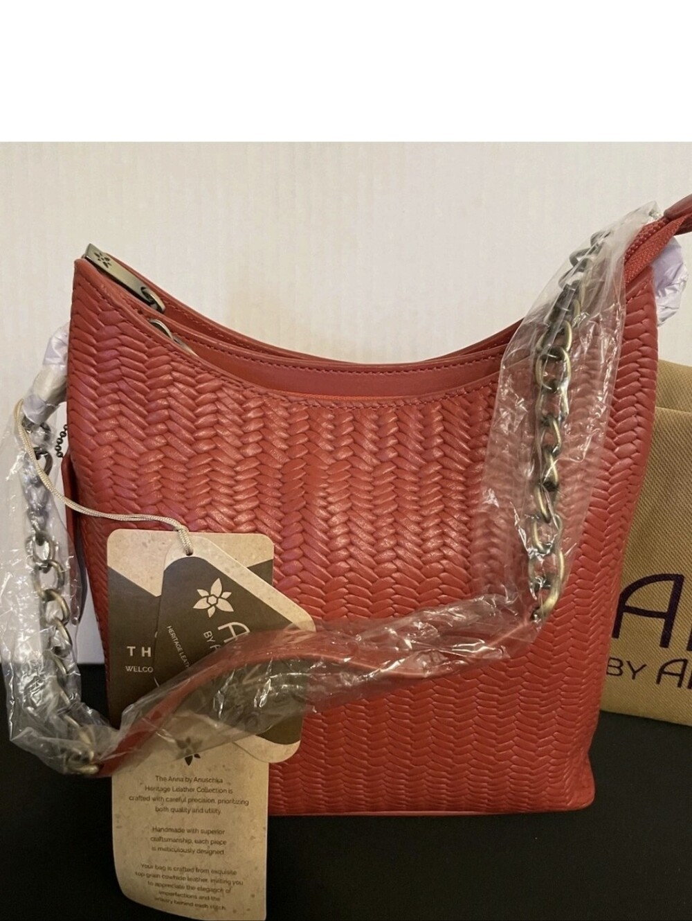 a new day DARK RED/Brown Woven Shoulder Bag with Chain Strap.nwt